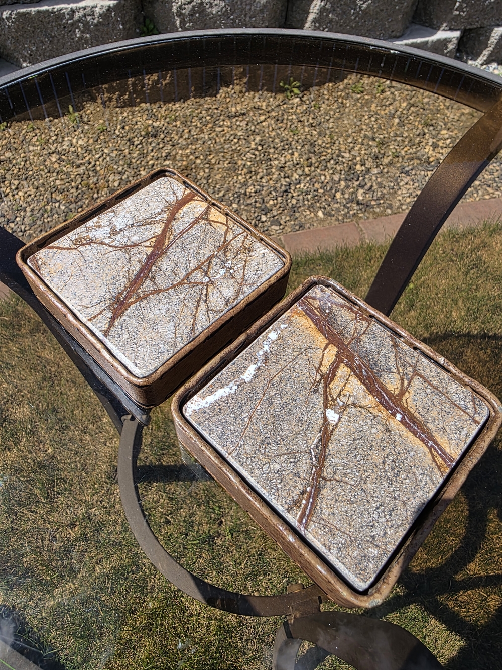 Cafe Forest Marble Tile Coasters w/Brown/White Vein Pattern set of 4 w/holders